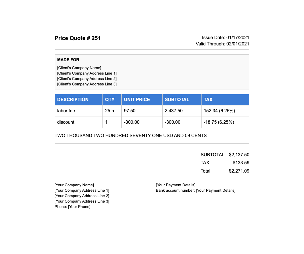 job quote template - Clean A4 price quote with itemized costs, tax breakdown and company footer. Ideal for contractors and service providers.